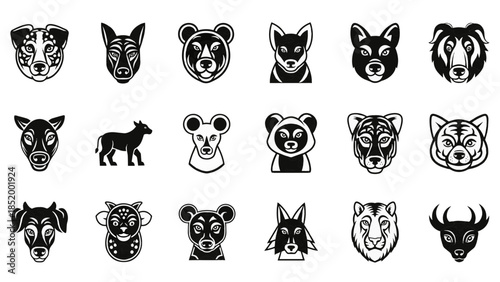 Collection of various animal faces illustrations on a white background from a straightforward viewpoint