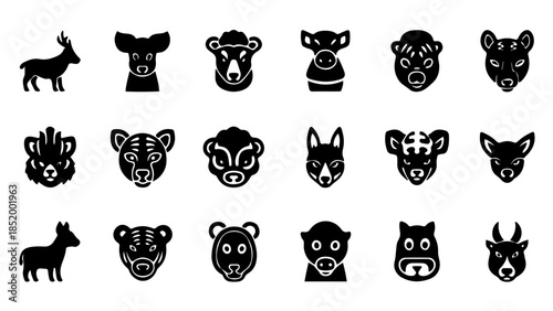 Collection of various animal faces and heads illustrations on a white background
