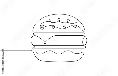 A single continuous one line drawing of a delicious burger.
