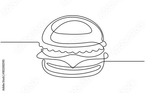 A single continuous one line drawing of a delicious burger.