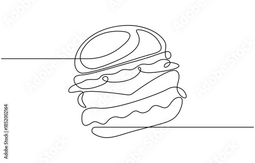 A single continuous one line drawing of a delicious burger.