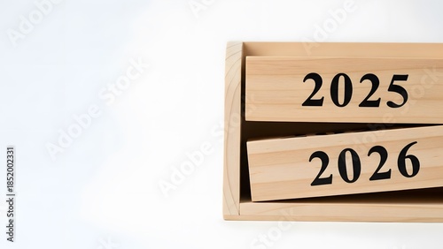 New Year 2026 wooden blocks in storage box concept