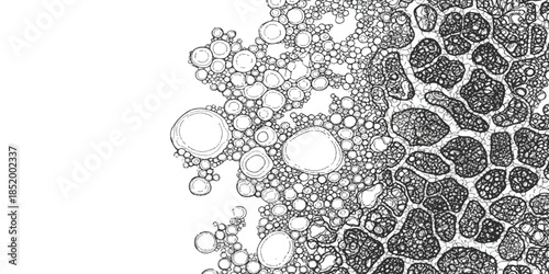 Detailed illustration of a microscopic cellular pattern and its transformation into dense tissue isolated on white background