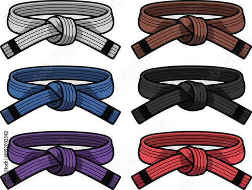 Judo Belts of Achievement: A collection of various color belts, representing the progressive levels of skill and dedication within the art of Judo. From white to black.
