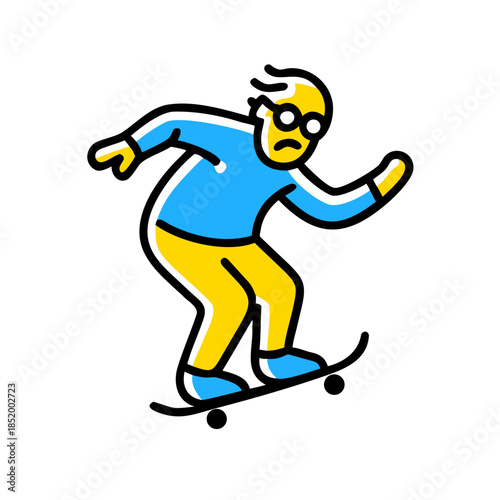Elderly man skateboarding on simple board, character wears glasses and blue shirt, demonstrating active lifestyle and elderly man skateboarding.