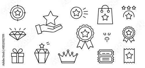 Rewards and bonus line icons, loyalty program symbols of star, diamond, gift, and medal