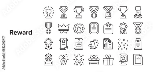 Collection of achievement success and reward line icons with medal star and trophy symbols