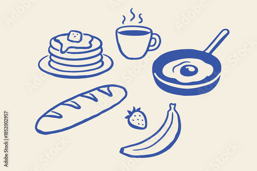 Breakfast Icons Pancakes Coffee Egg Doodle Outline Vector Illustration