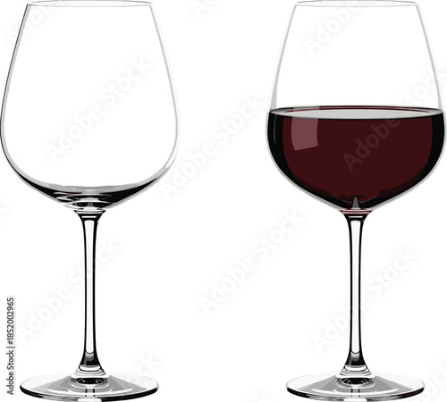 Realistic Red Wine Glass Set with Empty and Full Crystal Stemware Vector Illustration