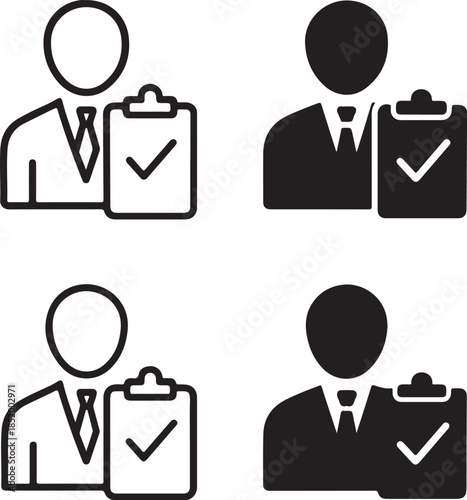 Isolated Job Recruiter Icons, Job Recruiter Black Minimal Vector Icons, Hiring Professional UI Symbols, Person with Clipboard Checkmark, Clean Modern App Web Human Resource Icons