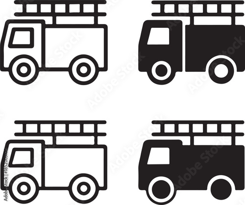 Isolated Fire Truck Icons, Fire Truck Black Minimal Vector Icons, Fire Engine Ladder UI Symbols, Four Identical Grid Layout Icons, Clean Modern App Web Emergency Vehicle Icons