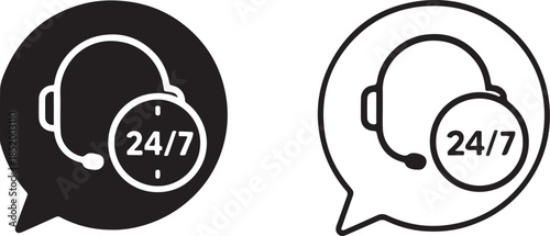 Isolated 24/7 Customer Support Icons, Customer Support Black Minimal Vector Icons, Chat Bubble UI Symbols, Headset Clock Symbol, Clean Modern App Web Service Assistance Icons