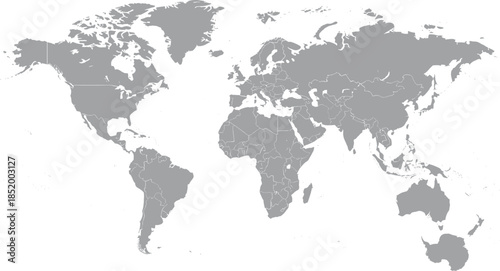 Minimalist Gray World Map Silhouette with Detailed Continental Outlines Vector Illustration