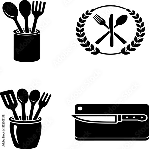 set of kitchen utensils and cooking equipment icons, simple flat design elements for culinary concepts, restaurant menus, and food blogs.