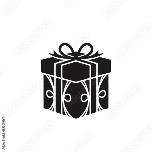 Elegant black gift box with decorative white scrollwork pattern and a bow on top, symbolizing presents and celebrations.