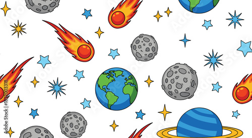 Colorful Space Illustration Vector Collection Featuring Planets Comets Asteroids and Galaxy Elements