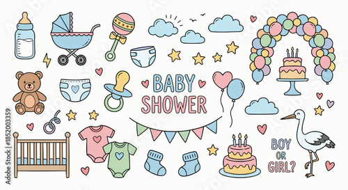 Baby shower doodle colorful icons set. Newborn celebration symbols, pregnancy party gifts decorations toys. Vector illustration