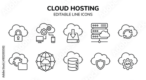 Cloud computing and SaaS doodle icons set. Online software symbols, data storage platform service technology. Vector illustration