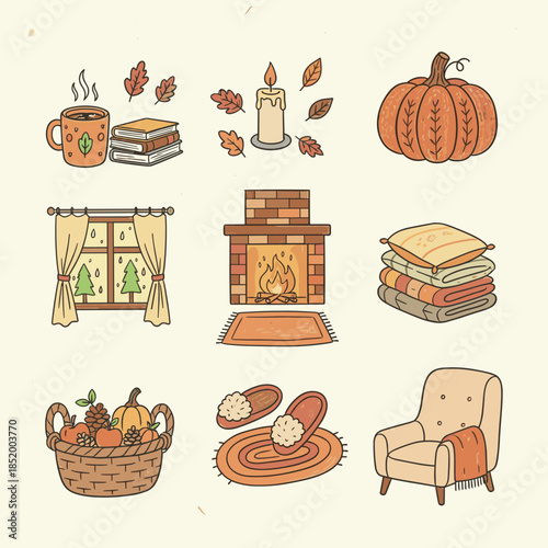 Fall cozy home doodle colorful icons set. Autumn comfort symbols, warm interior decor lifestyle seasonal mood. Vector illustration