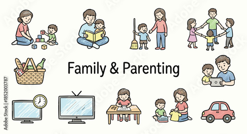 Family and parenting doodle colorful icons set. Home care symbols, parents kids bonding education daily life. Vector illustration