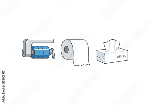 Bathroom Hygiene Icons Set – Water Tap, Toilet Paper Roll, and Tissue Box Illustration