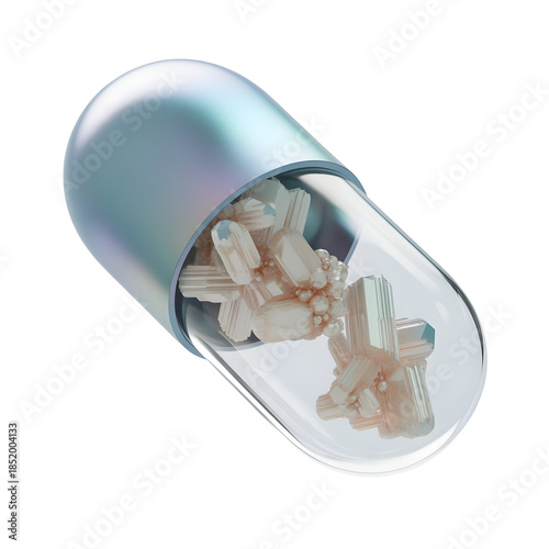 Crystal Supplement Capsule with Iridescent Silver Shell Containing White Crystals Isolated on Transparent Background