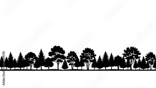 Black silhouette trees landscape with various tree shapes and sizes on white background