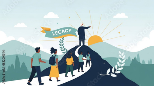 Group of people walking towards legacy banner on mountain peak at sunrise, symbolizing