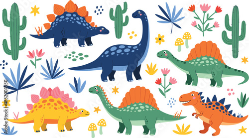 Cute Dinosaur Characters Vector Illustration Collection Featuring Prehistoric Animals and Nature Elements