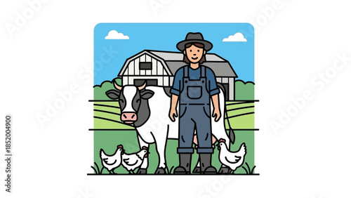 Farmer in blue overalls standing beside a horse in a sunny rural farm setting with green pastures.