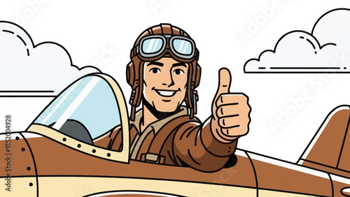 Cartoon pilot in retro airplane giving thumbs up against cloudy sky and sunset.
