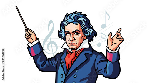Cartoon Conductor Conducting an Orchestra with Baton and Musical Notes in the Background.