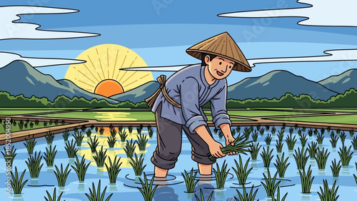 Farmer tending rice paddies under a warm sunset in a tranquil rural landscape.