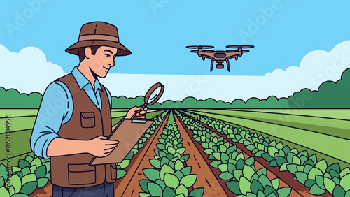 Farmer operating a drone over orderly fields of crops for monitoring and precision farming.