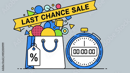 Colorful sale concept with shopping bag and stopwatch signaling limited time discount.