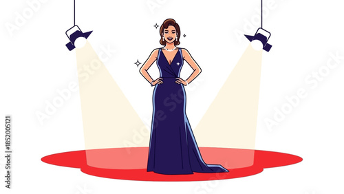 Elegant blue gown on stage under bright spotlights during a glamorous fashion moment.