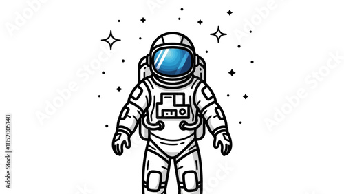 Cartoon Astronaut in Space Suit Floating Through a Starry Nebula Scene with Cosmic Elements.