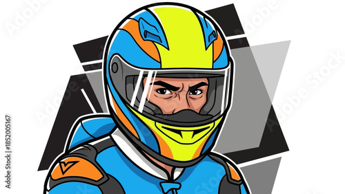 Dynamic illustration of a motorcyclist in racing gear ready to race.