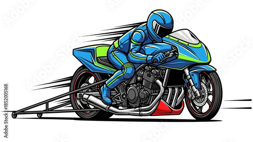 Dynamic blue motorcycle racer speeding on a stylized bike illustration.