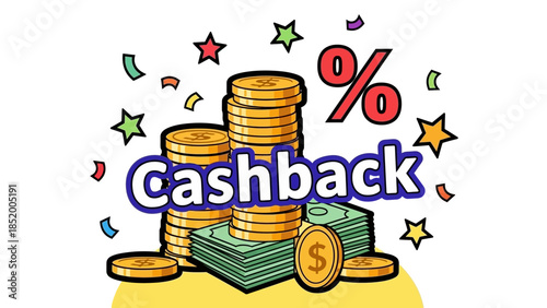 Vibrant Cashback Illustration Highlighting Stacks of Coins and Cash Rewards for Savings.