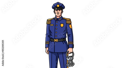 Cartoon Illustration of a Blue Police Officer in Uniform Standing Heroically.