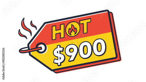 Bright red hot price tag illustration displaying a large $900.
