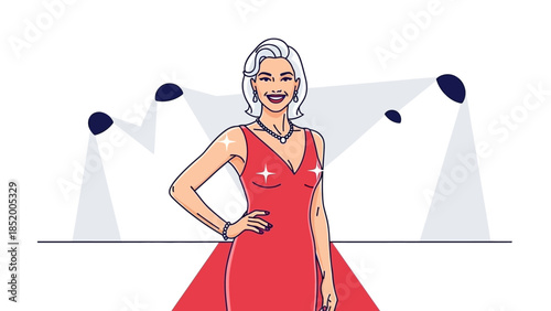 Cartoon Illustration of a Confident Woman on a Red Carpet Gala Event.