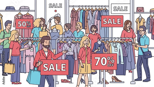 Bustling shoppers fill storefronts during a vibrant sale event with sale signs.