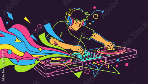 Energetic DJ Performance with Colorful Turntables and Dynamic Visuals in Nightlife Scene.