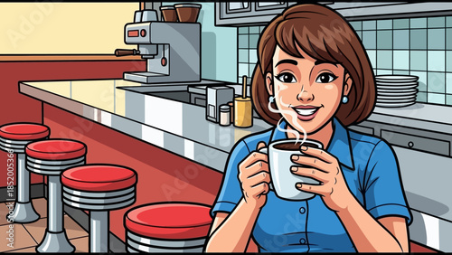 Cozy cafe scene featuring a smiling woman in a blue shirt enjoying a hot coffee at the counter.