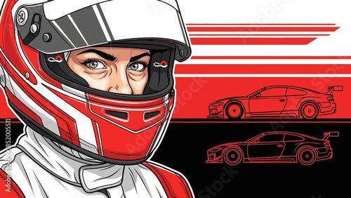 Close-up portrait of a race car driver wearing a red helmet with racing cars in the background.