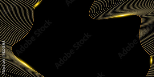 Abstract luxury with shining gold lines waves on black background. Futuristic background of flowing gold lines for banner, poster, cover, brochure, flyer, website