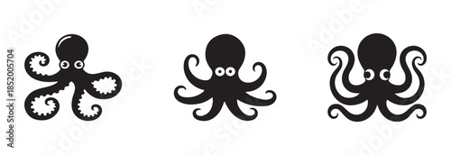 Set of five different black octopus icons showcasing curly arms for sea theme decoration and icon use