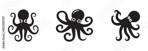 Simple black silhouette of a cartoon octopus with big eyes floating in water surface